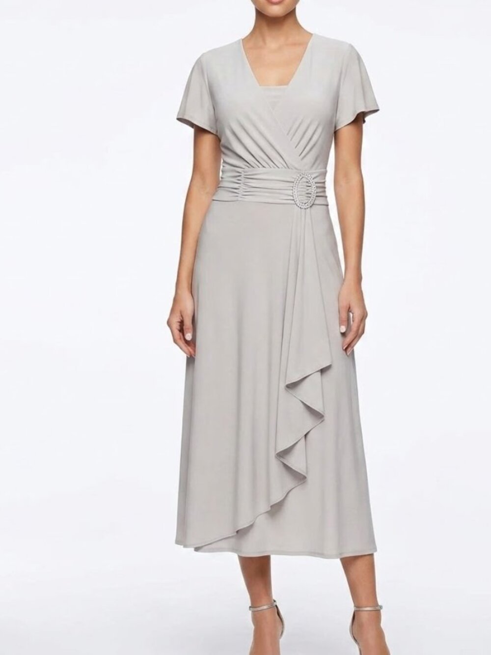 R&M Richards Whimsigoth Faux Wrap Dress Rhinestone Buckle Grey Midi Size 14